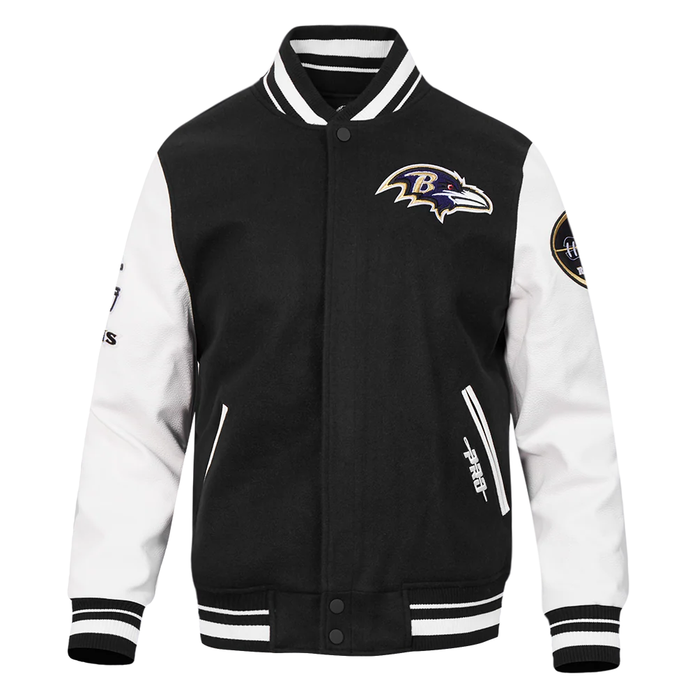 NFL BALTIMORE RAVENS OLD ENGLISH MEN'S RIB WOOL VARSITY JACKET (BLACK/WHITE)