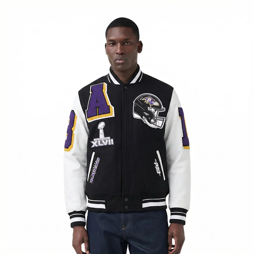 NFL BALTIMORE RAVENS MASHUP MEN'S RIB WOOL VARSITY JACKET (BLACK/WHITE)