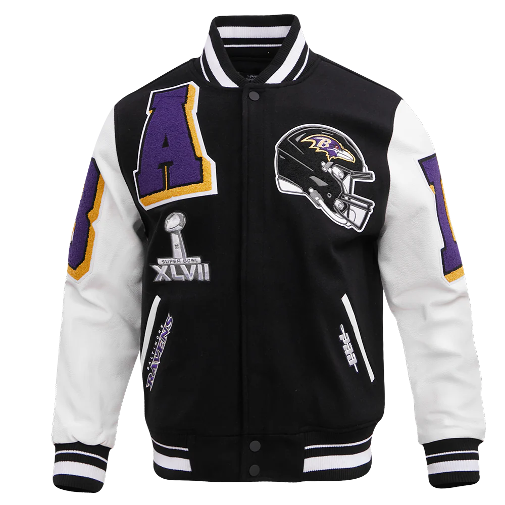 NFL BALTIMORE RAVENS MASHUP MEN'S RIB WOOL VARSITY JACKET (BLACK/WHITE) - Image 3