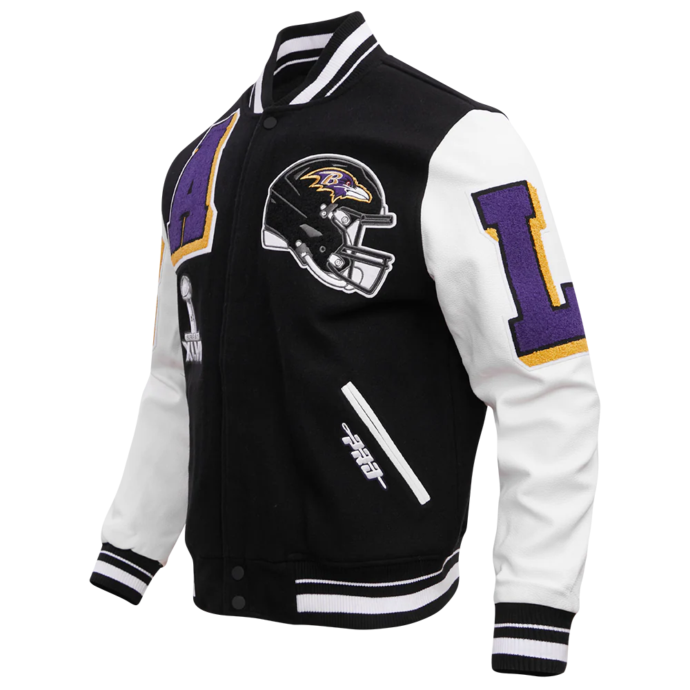NFL BALTIMORE RAVENS MASHUP MEN'S RIB WOOL VARSITY JACKET (BLACK/WHITE) - Image 6