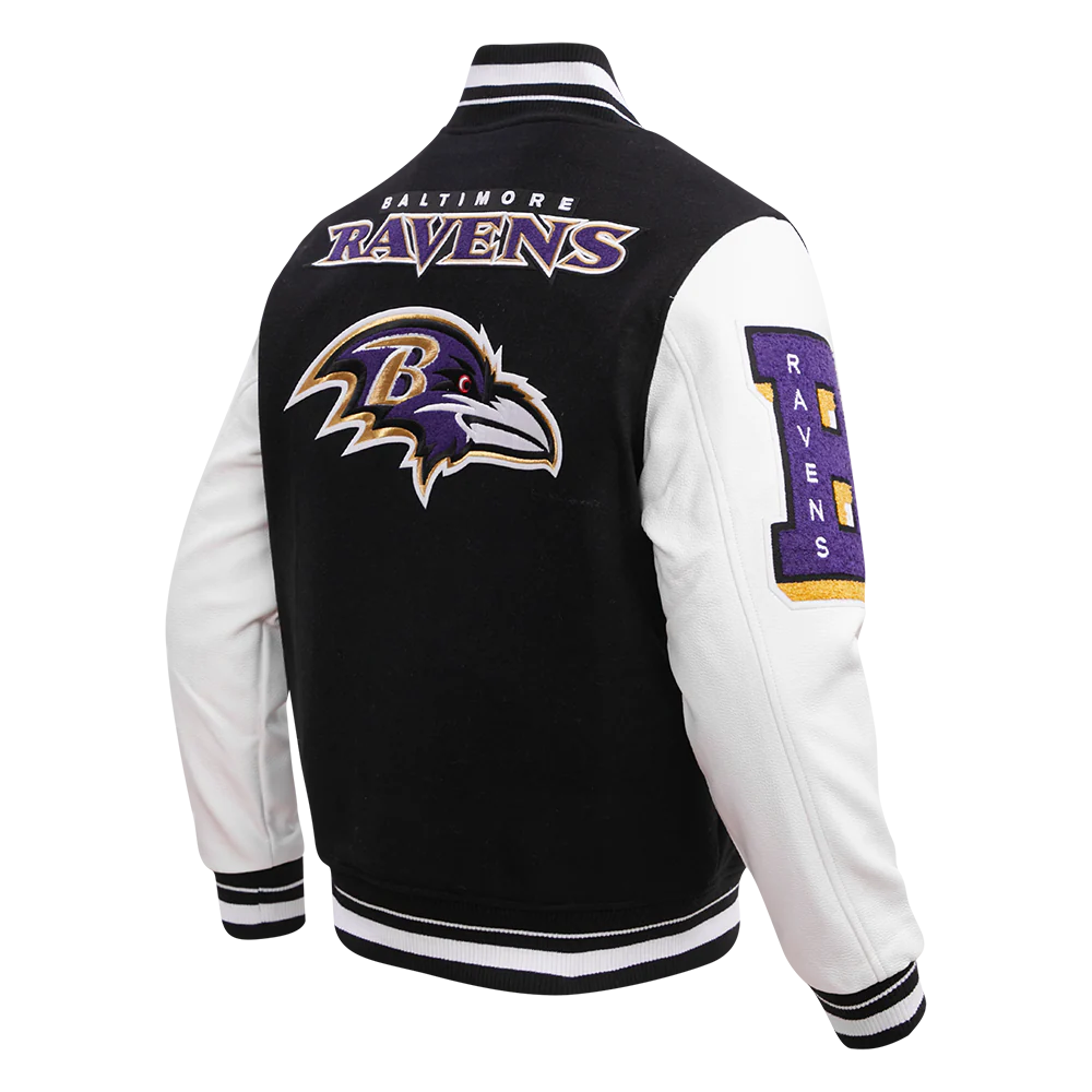 NFL BALTIMORE RAVENS MASHUP MEN'S RIB WOOL VARSITY JACKET (BLACK/WHITE) - Image 8