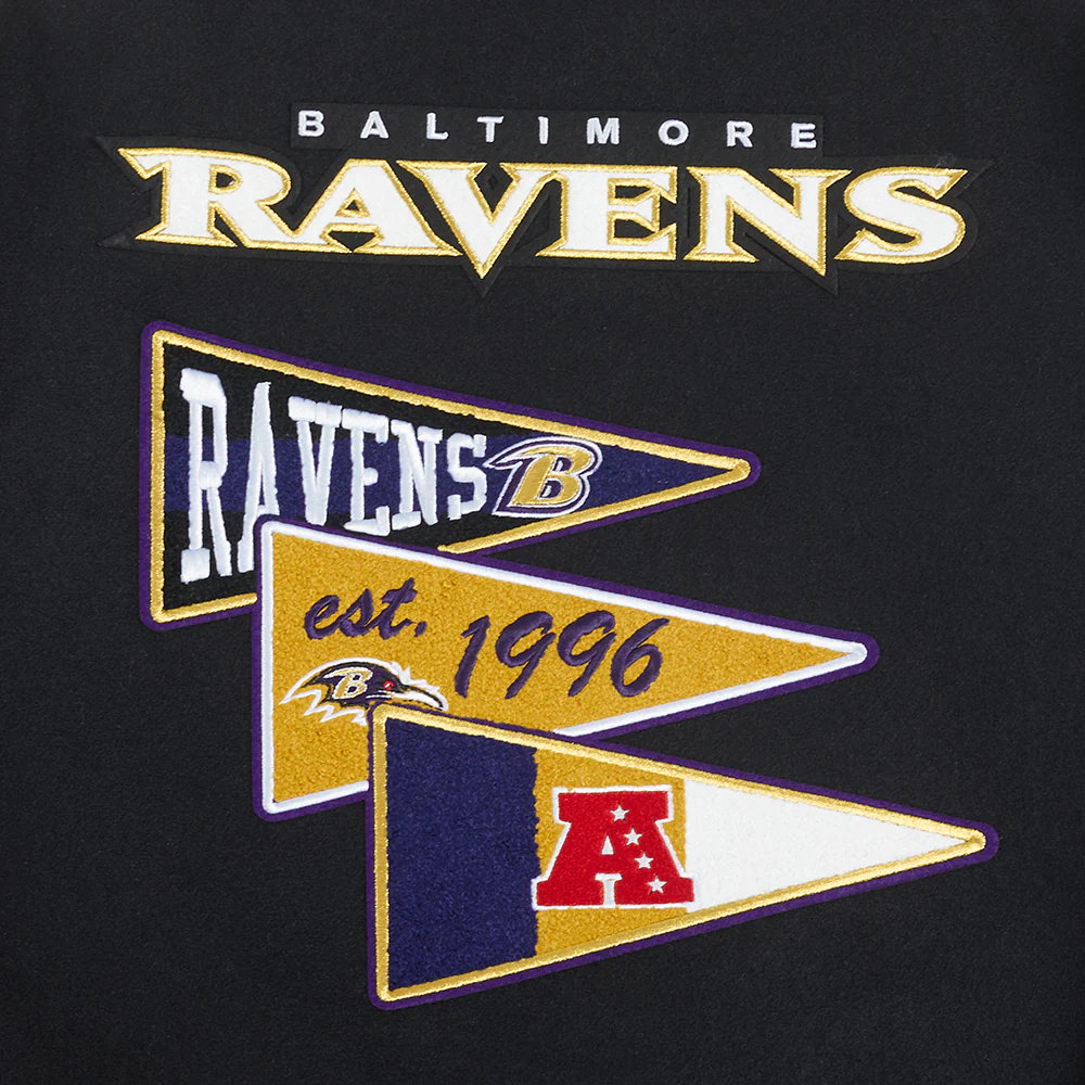 NFL BALTIMORE RAVENS TEAM PENNANTS MEN'S RIB WOOL VARSITY JACKET (BLACK/WHITE) - Image 5