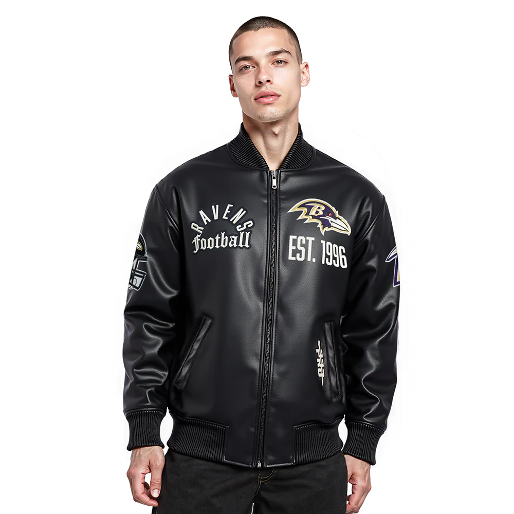 NFL BALTIMORE RAVENS MODERN ORIGINALS MEN'S LEATHER VARSITY JACKET (JET BLACK)