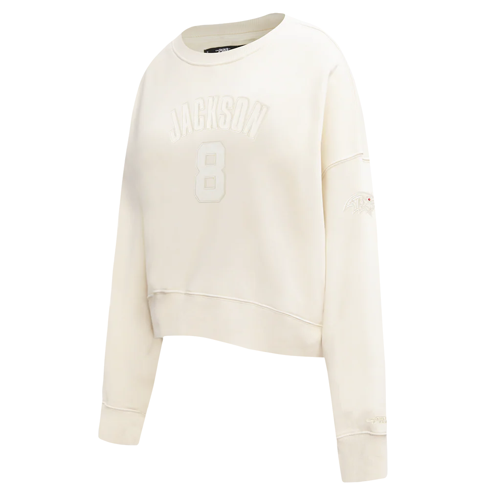 NFL BALTIMORE RAVENS LAMAR JACKSON #8 NEUTRAL WOMEN'S FLC CREWNECK (EGGSHELL) - Image 3