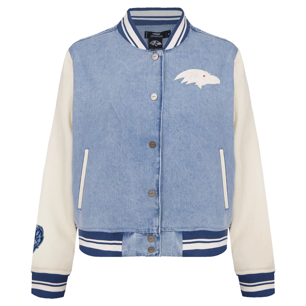NFL BALTIMORE RAVENS VARSITY BLUES WOMEN'S DENIM VARSITY JACKET (DENIM/LINEN)