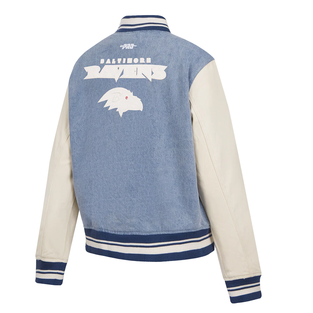 NFL BALTIMORE RAVENS VARSITY BLUES WOMEN'S DENIM VARSITY JACKET (DENIM/LINEN) - Image 4