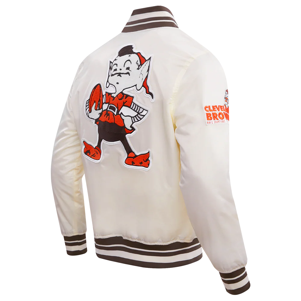 NFL CLEVELAND BROWNS RETRO CLASSIC MEN'S RIB SATIN JACKET (EGGSHELL/ BROWN) - Image 4