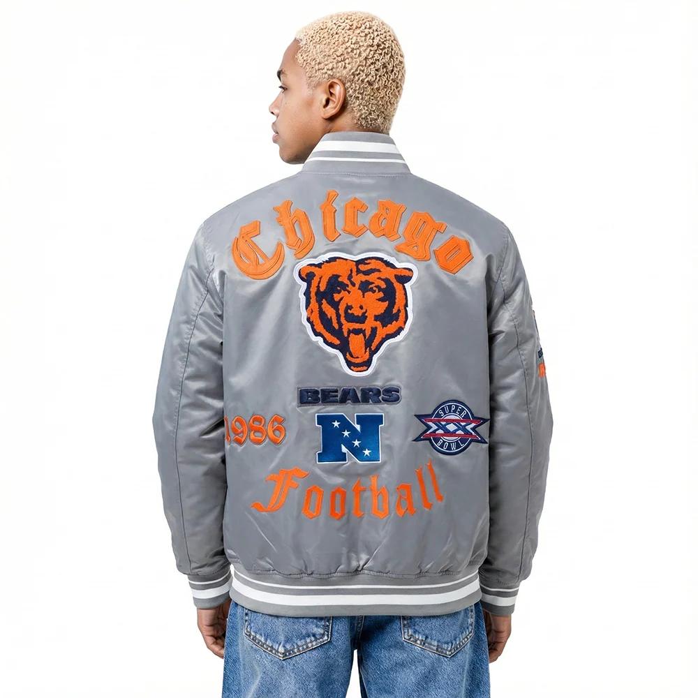 NFL CHICAGO BEARS OLD ENGLISH MEN'S RIB SATIN JACKET (GRAY) - Image 2