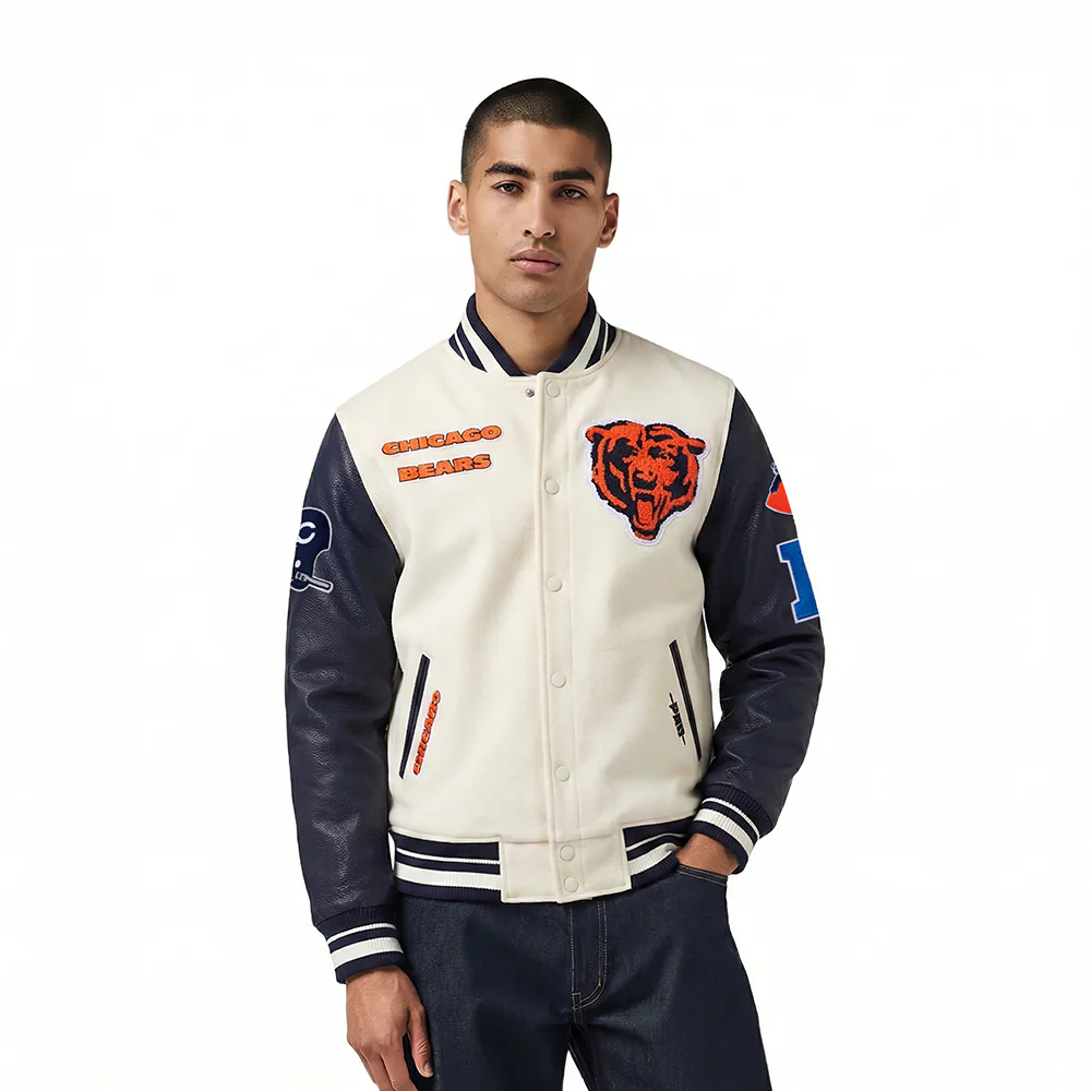 NFL CHICAGO BEARS RETRO CLASSIC MEN'S RIB WOOL VARSITY JACKET (EGGSHELL/MIDNIGHT NAVY)