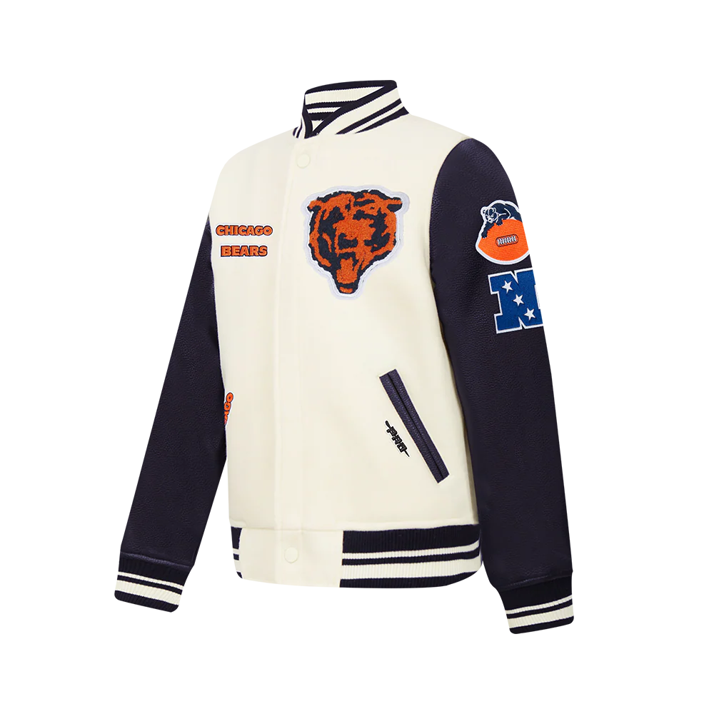 NFL CHICAGO BEARS RETRO CLASSIC BIG BOYS RIB WOOL VARSITY JACKET (EGGSHELL/ MIDNIGHT NAVY) - Image 3