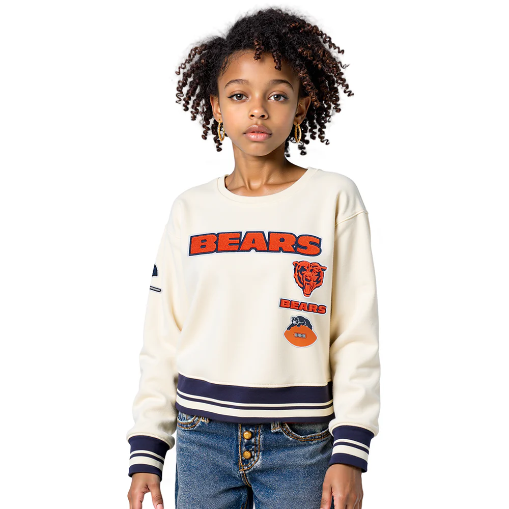 NFL CHICAGO BEARS RETRO CLASSIC BIG GIRLS RIB FLEECE CREWNECK (EGGSHELL/ MIDNIGHT NAVY)