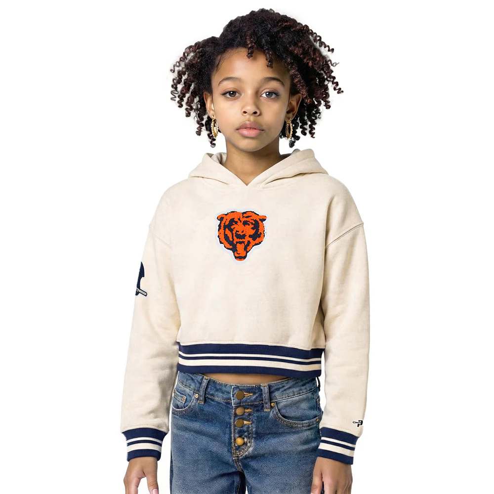 NFL CHICAGO BEARS RETRO CLASSIC BIG GIRL'S RIB FLC PO HOODIE (EGGSHELL/ MIDNIGHT NAVY)