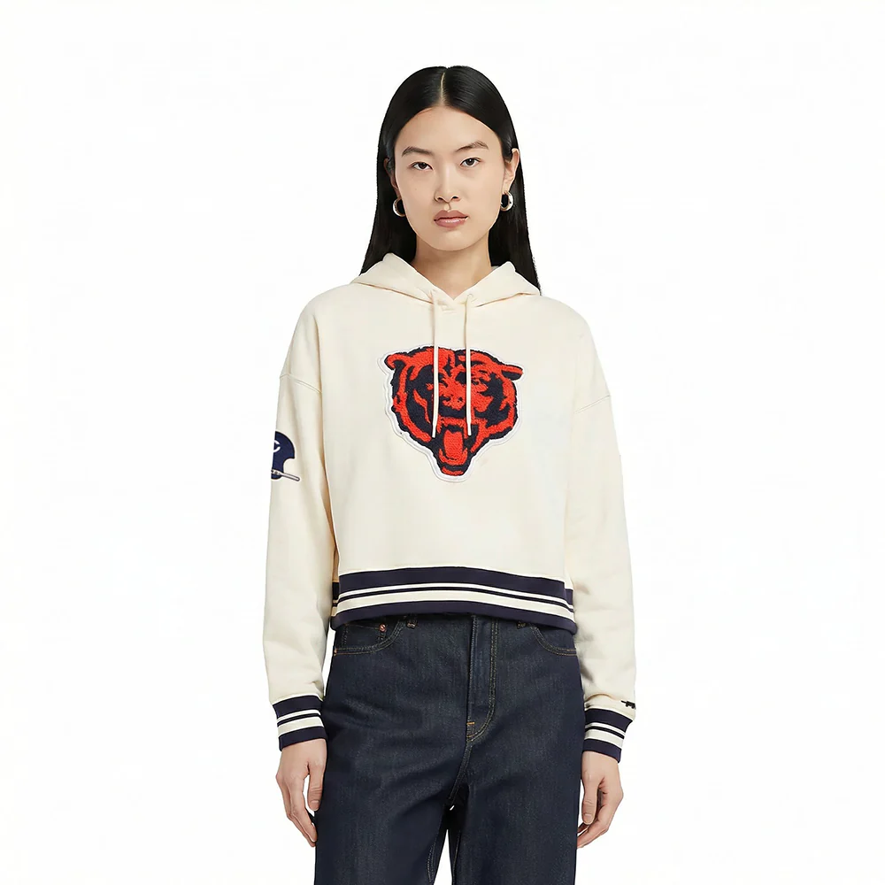 NFL CHICAGO BEARS RETRO CLASSIC WOMEN'S CROPPED PULLOVER HOODIE (EGGSHELL/MIDNIGHT NAVY)