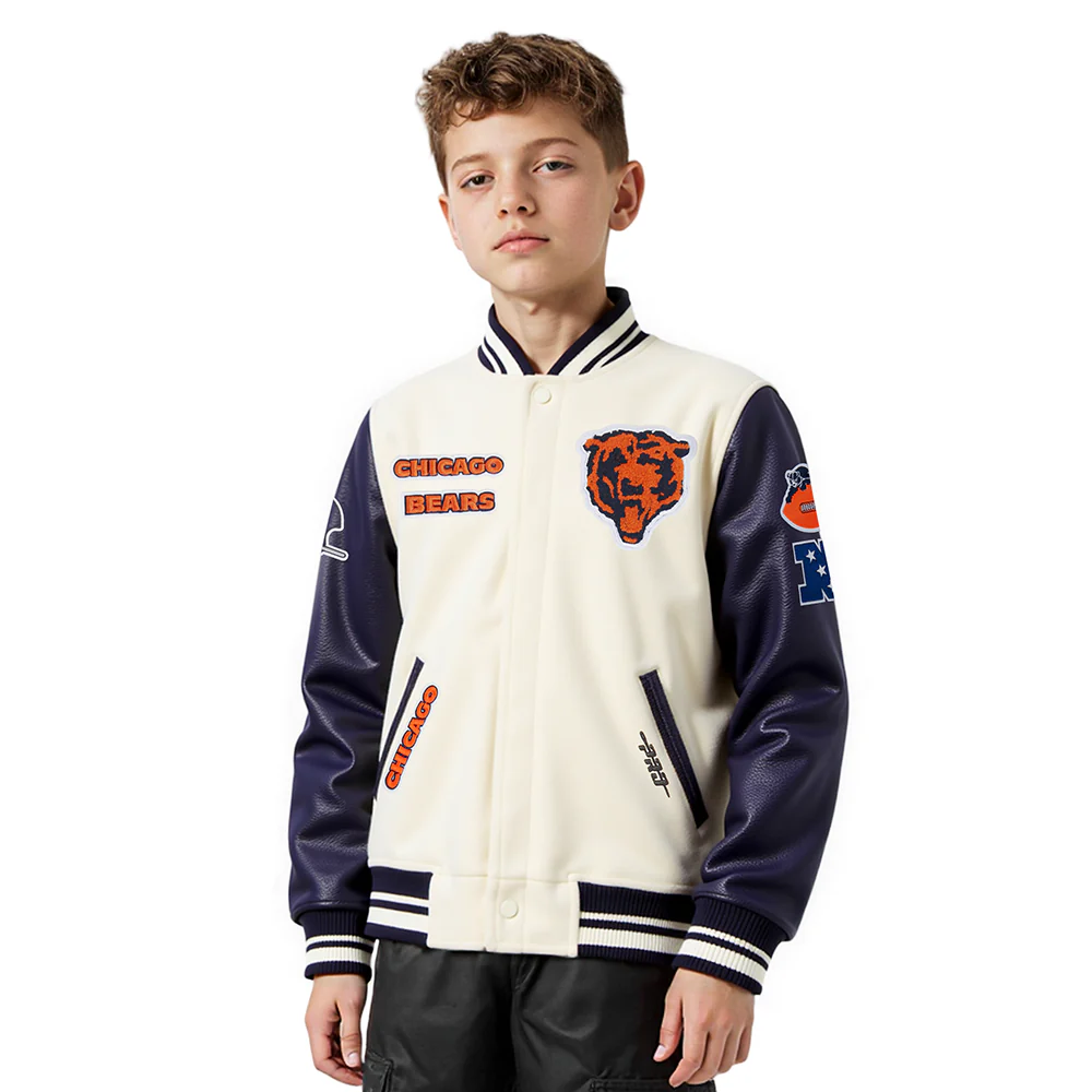 NFL CHICAGO BEARS RETRO CLASSIC LITTLE BOYS RIB WOOL VARSITY JACKET (EGGSHELL/ MIDNIGHT NAVY)