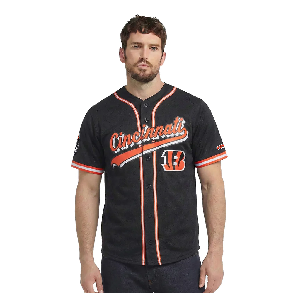 NFL CINCINNATI BENGALS SCRIPT TAIL MEN'S MESH BUTTON DOWN SHIRT (BLACK/ORANGE)
