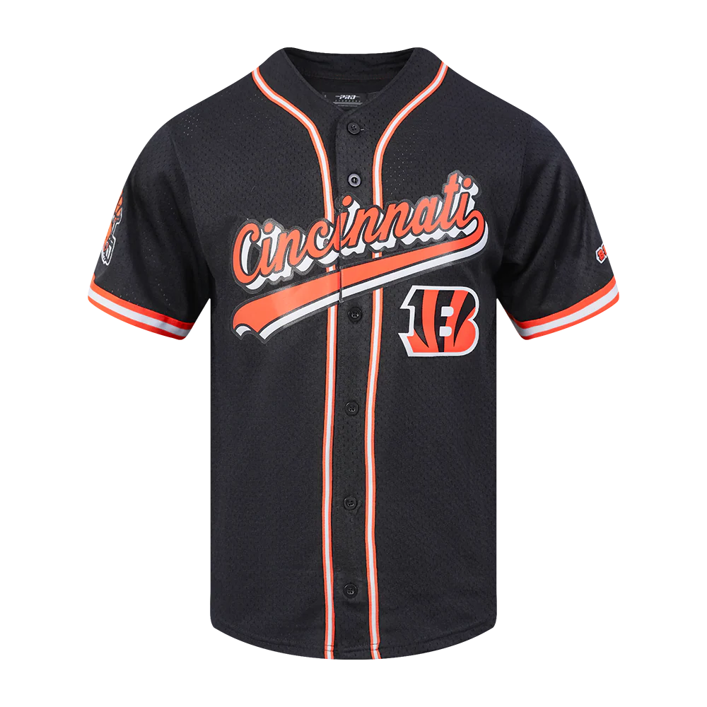 NFL CINCINNATI BENGALS SCRIPT TAIL MEN'S MESH BUTTON DOWN SHIRT (BLACK/ORANGE) - Image 5