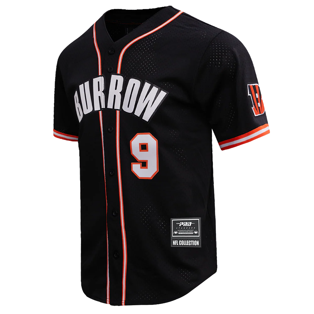 NFL CINCINNATI BENGALS JOE BURROW #9 MEN'S MESH BUTTON DOWN SHIRT (BLACK/ORANGE) - Image 2