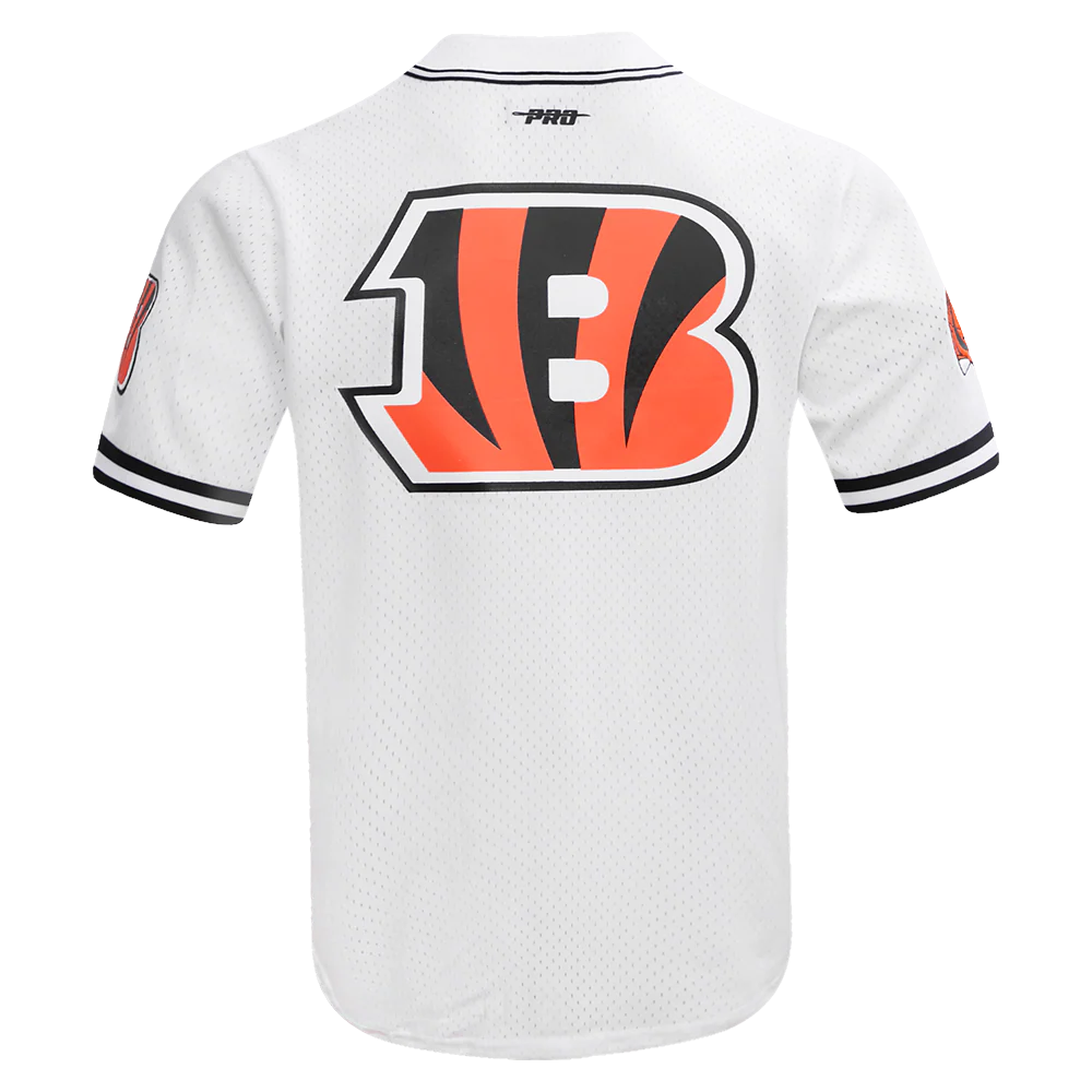 NFL CINCINNATI BENGALS JOE BURROW #9 MEN'S MESH BUTTON DOWN SHIRT (WHITE/BLACK/WHITE) - Image 4