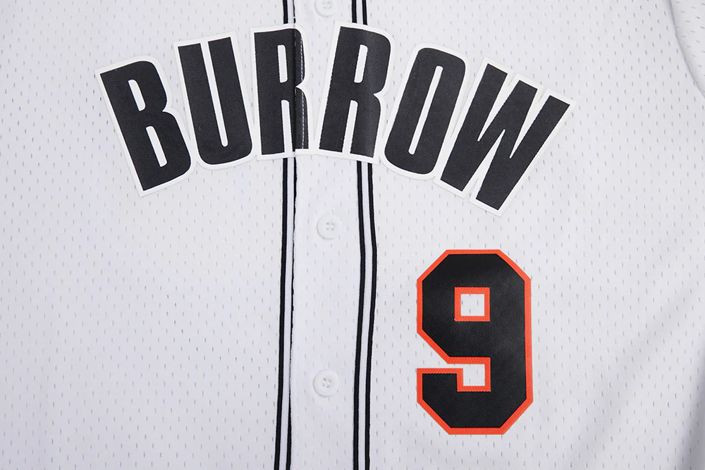 NFL CINCINNATI BENGALS JOE BURROW #9 MEN'S MESH BUTTON DOWN SHIRT (WHITE/BLACK/WHITE) - Image 5