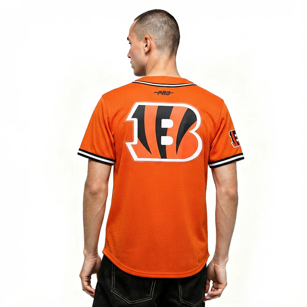 NFL CINCINNATI BENGALS JOE BURROW #9 CLASSIC MESH PNN MEN'S MESH BUTTON DOWN SHIRT (ORANGE/BLACK) - Image 2