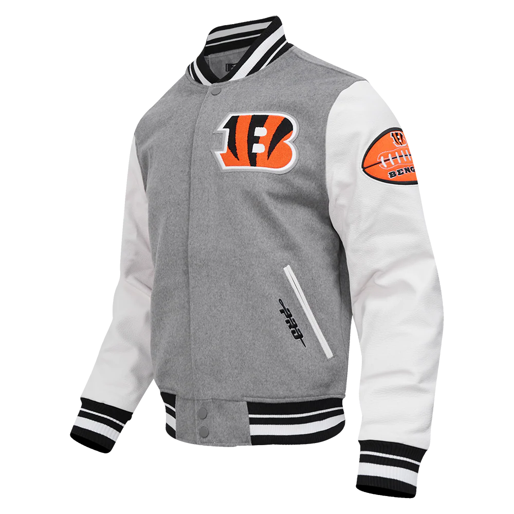 NFL CINCINNATI BENGALS OLD ENGLISH MEN'S RIB WOOL VARSITY JACKET (HEATHER GREY/WHITE/BLACK) - Image 3