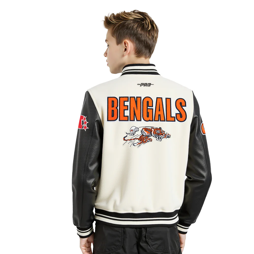 NFL CINCINNATI BENGALS RETRO CLASSIC BIG BOY'S RIB WOOL VARSITY JACKET (EGGSHELL/ BLACK) - Image 2