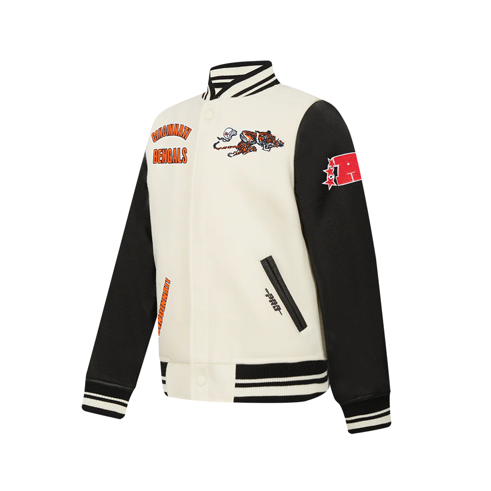 NFL CINCINNATI BENGALS RETRO CLASSIC BIG BOY'S RIB WOOL VARSITY JACKET (EGGSHELL/ BLACK) - Image 3