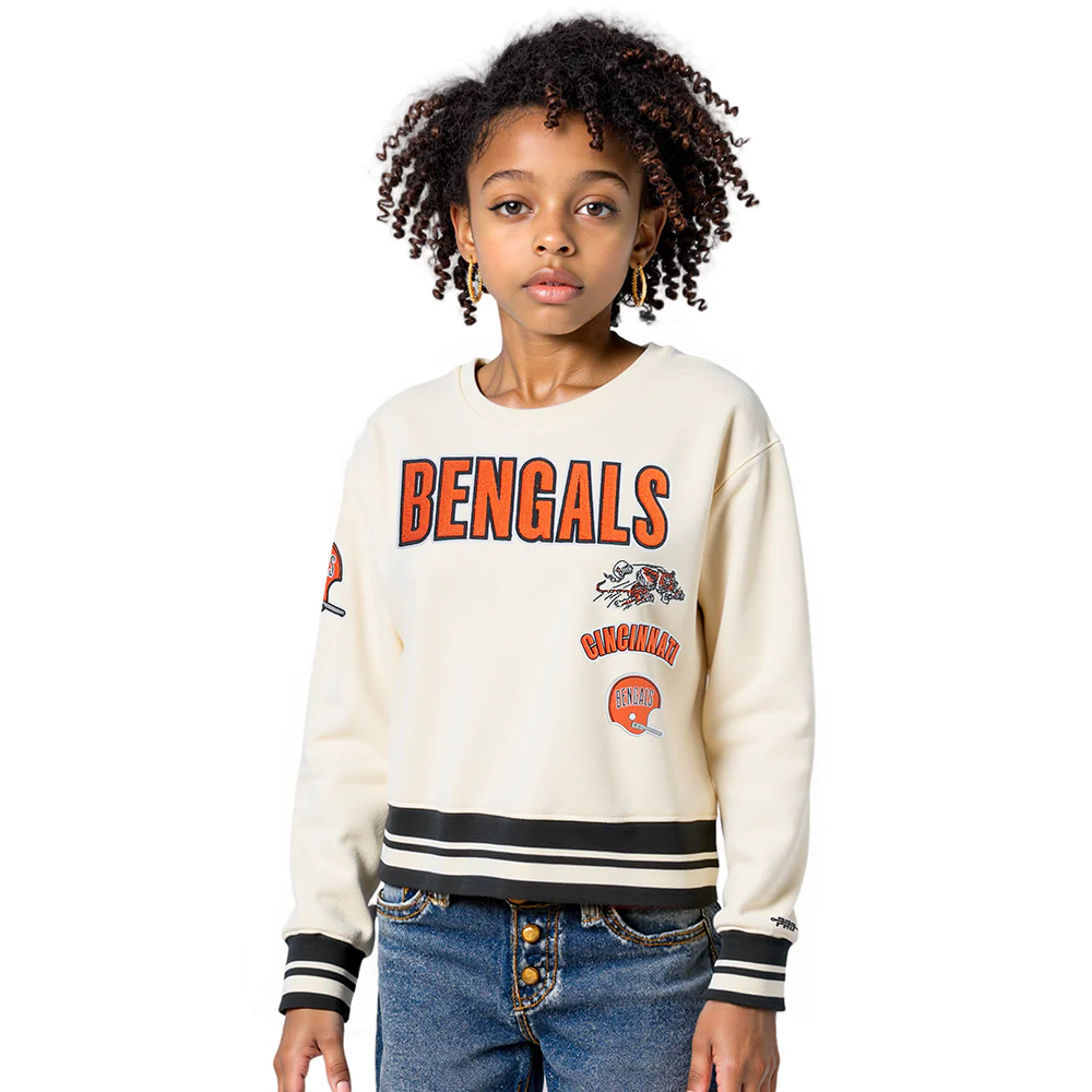 NFL CINCINNATI BENGALS RETRO CLASSIC BIG GIRL'S RIB FLC CREWNECK (EGGSHELL/ BLACK)