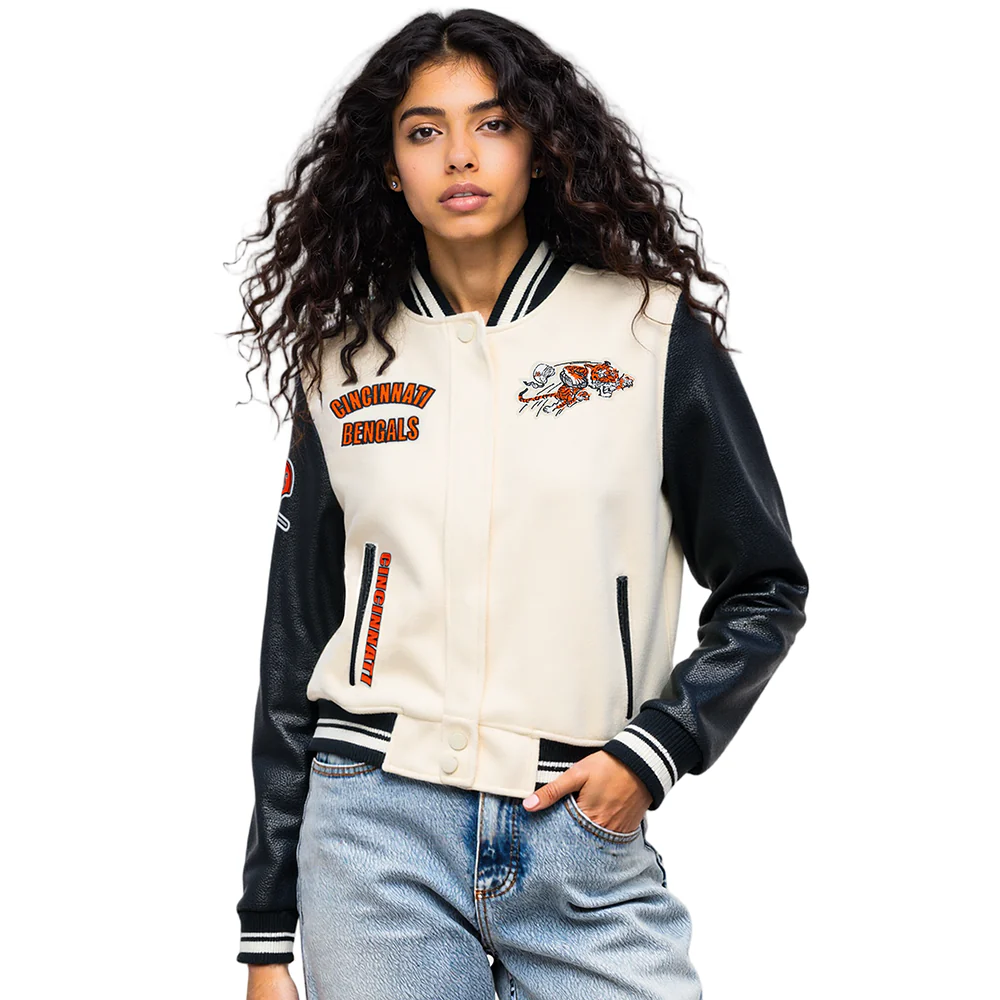 NFL CINCINNATI BENGALS RETRO CLASSIC WOMEN'S RIB WOOL VARSITY JACKET (EGGSHELL/ BLACK)