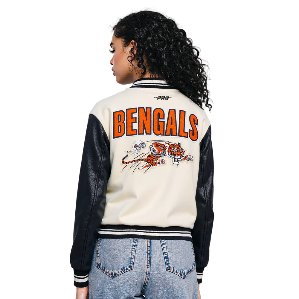NFL CINCINNATI BENGALS RETRO CLASSIC WOMEN'S RIB WOOL VARSITY JACKET (EGGSHELL/ BLACK) - Image 13