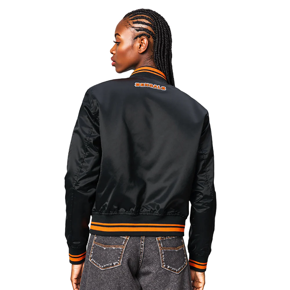 NFL CINCINNATI BENGALS SCRIPT TAIL WOMEN'S SATIN JACKET (BLACK/ORANGE) - Image 10