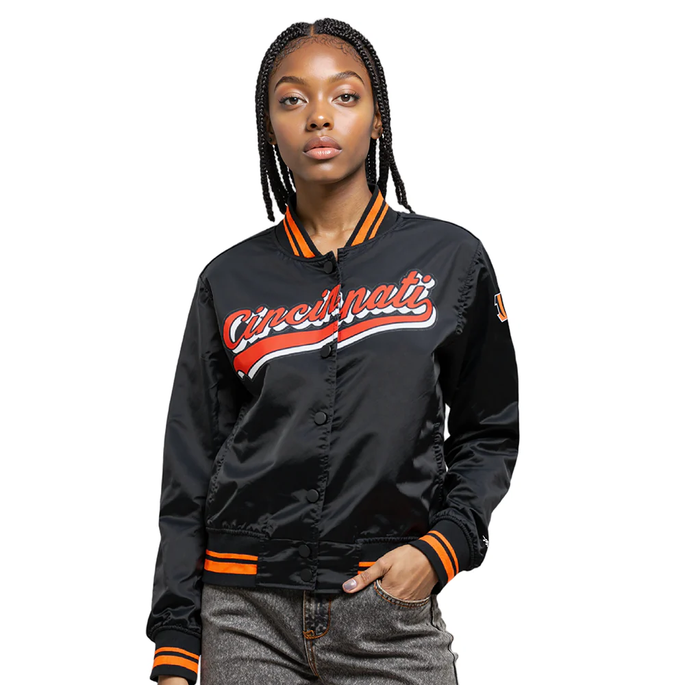 NFL CINCINNATI BENGALS SCRIPT TAIL WOMEN'S SATIN JACKET (BLACK/ORANGE) - Image 11