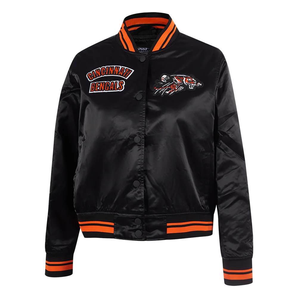 NFL CINCINNATI BENGALS RETRO CLASSIC WOMEN'S RIB SATIN JACKET (BLACK/ORANGE)