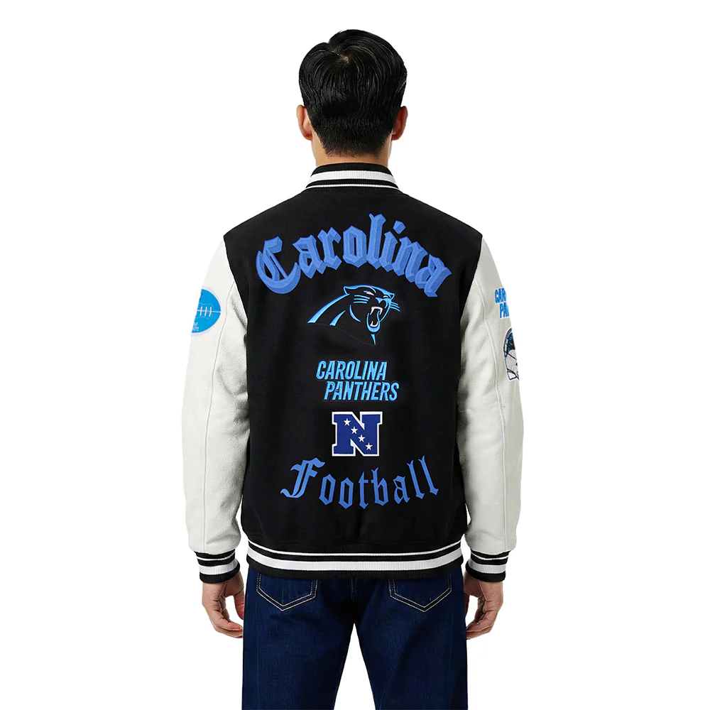 NFL CAROLINA PANTHERS OLD ENGLISH MEN'S RIB WOOL VARSITY JACKET (BLACK/WHITE) - Image 2