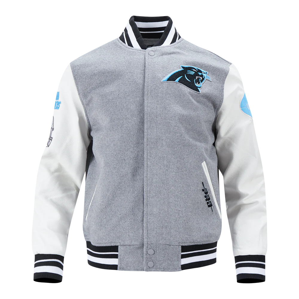 NFL CAROLINA PANTHERS OLD ENGLISH MEN'S RIB WOOL VARSITY JACKET (HEATHER GREY/WHITE/BLACK)