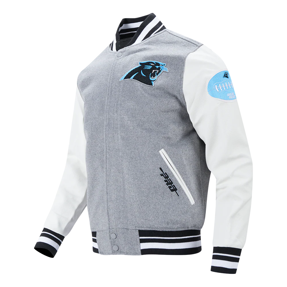 NFL CAROLINA PANTHERS OLD ENGLISH MEN'S RIB WOOL VARSITY JACKET (HEATHER GREY/WHITE/BLACK) - Image 2
