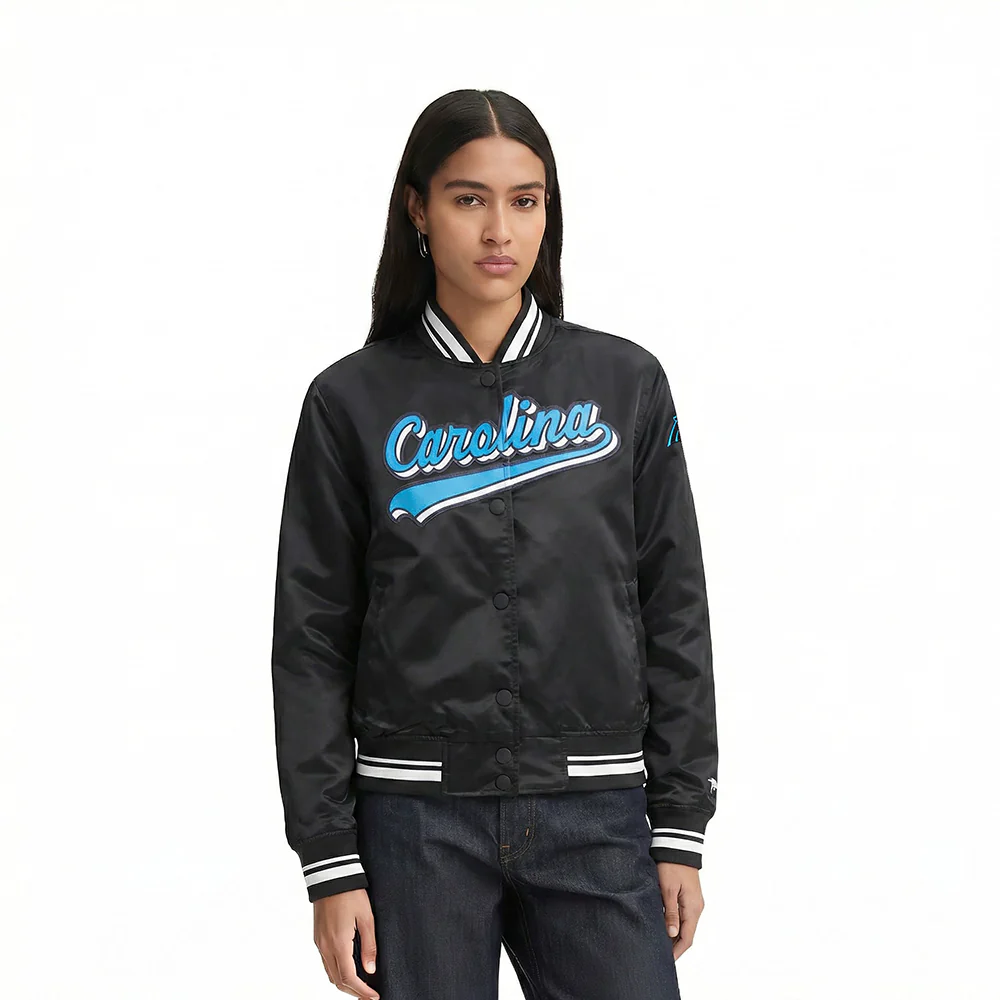 NFL CAROLINA PANTHERS SCRIPT TAIL WOMEN'S SATIN JACKET (BLACK)
