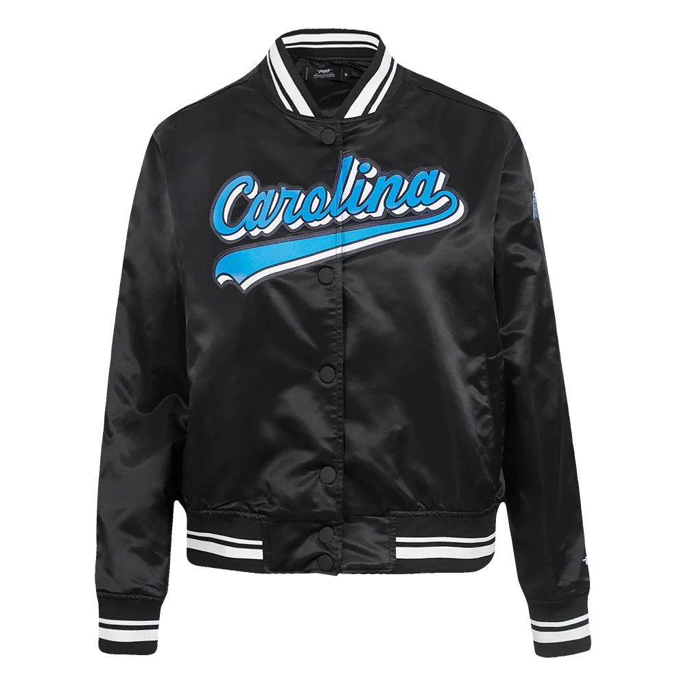 NFL CAROLINA PANTHERS SCRIPT TAIL WOMEN'S SATIN JACKET (BLACK) - Image 3