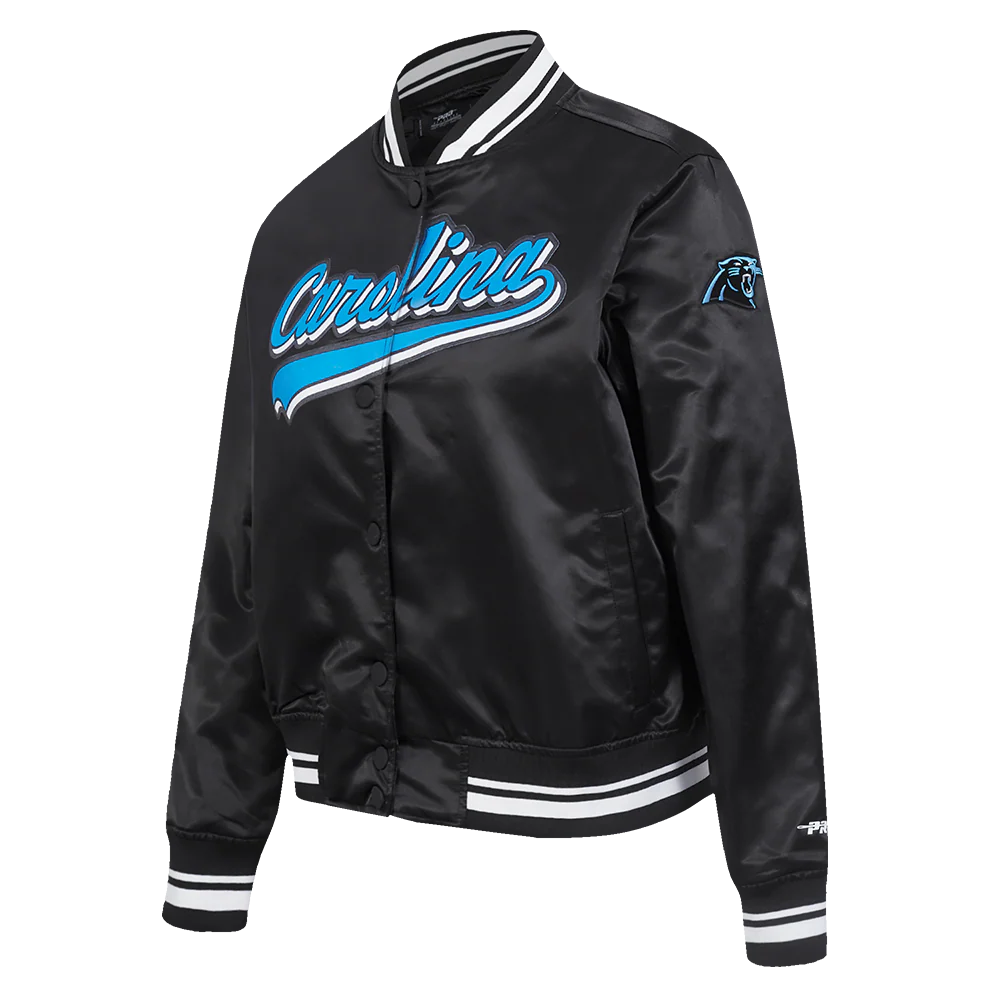 NFL CAROLINA PANTHERS SCRIPT TAIL WOMEN'S SATIN JACKET (BLACK) - Image 4