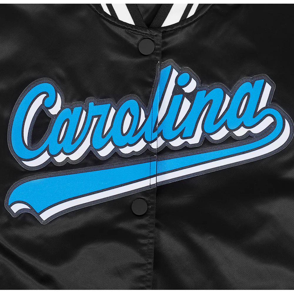 NFL CAROLINA PANTHERS SCRIPT TAIL WOMEN'S SATIN JACKET (BLACK) - Image 9