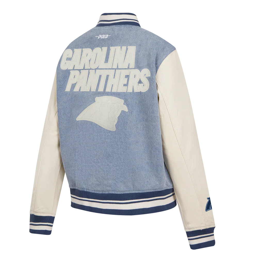 NFL CAROLINA PANTHERS VARSITY BLUES WOMEN'S DENIM VARSITY JACKET (DENIM/LINEN) - Image 4