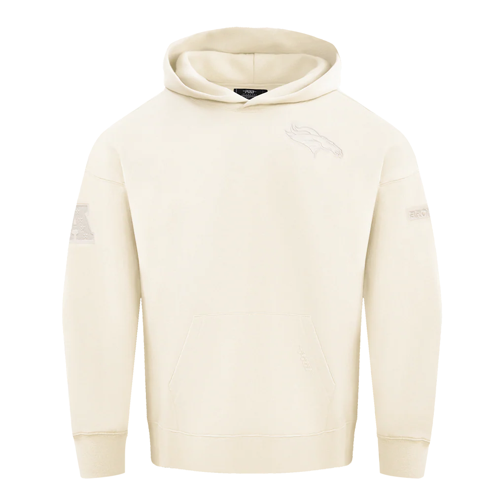 NFL DENVER BRONCOS NEUTRAL MEN'S DROP SHOULDER FLEECE PULLOVER HOODIE (EGGSHELL)
