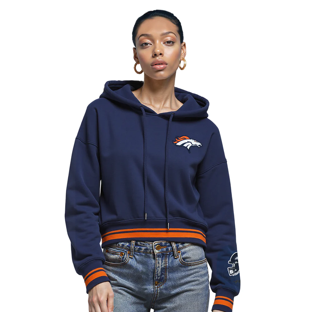 NFL DENVER BRONCOS MASHUP WOMEN'S RIB CROPPED PO HOODIE (MIDNIGHT NAVY/ORANGE/MIDNIGHT NAVY)