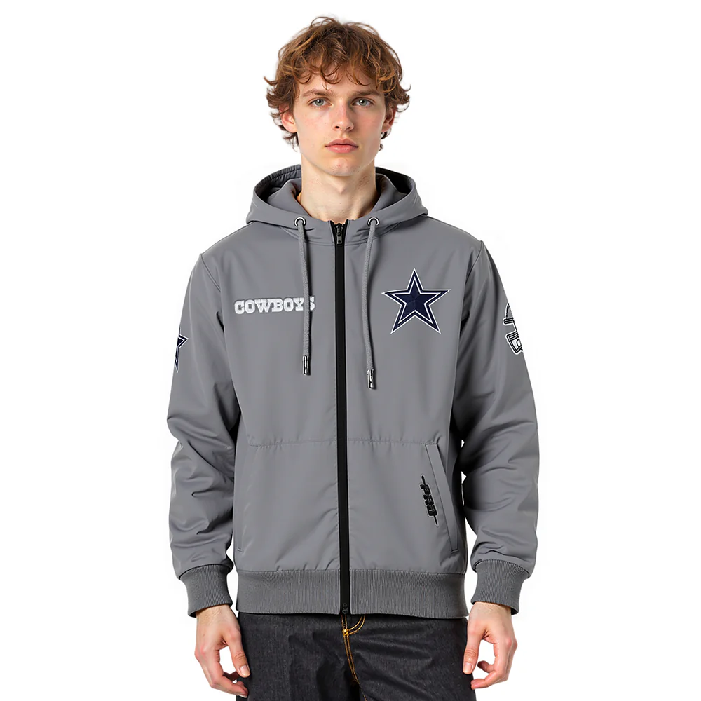 NFL DALLAS COWBOYS CLASSIC WIND SUIT MEN'S WOVEN FULL ZIP PULLOVER HOODIE (GRAY)