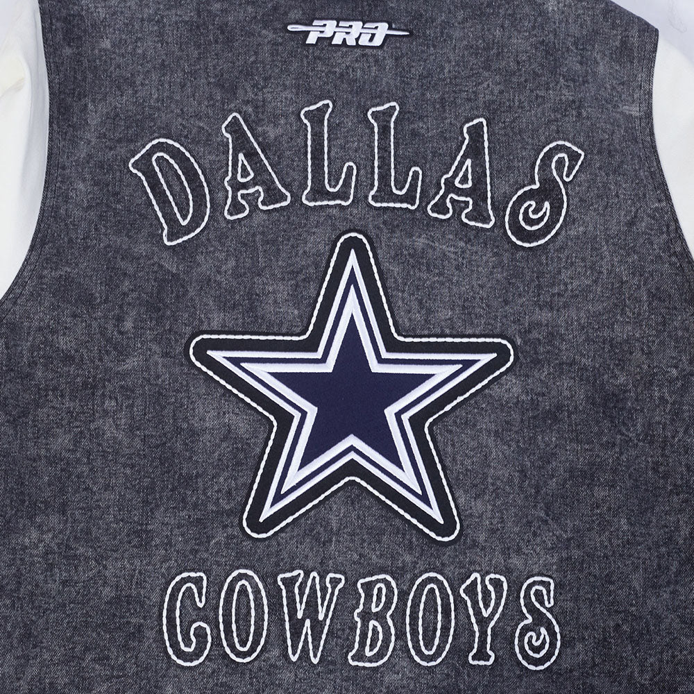 NFL DALLAS COWBOYS REBEL ATHLETICS MEN'S DENIM VARSITY JACKET (WASHED BLACK/EGGSHELL) - Image 8