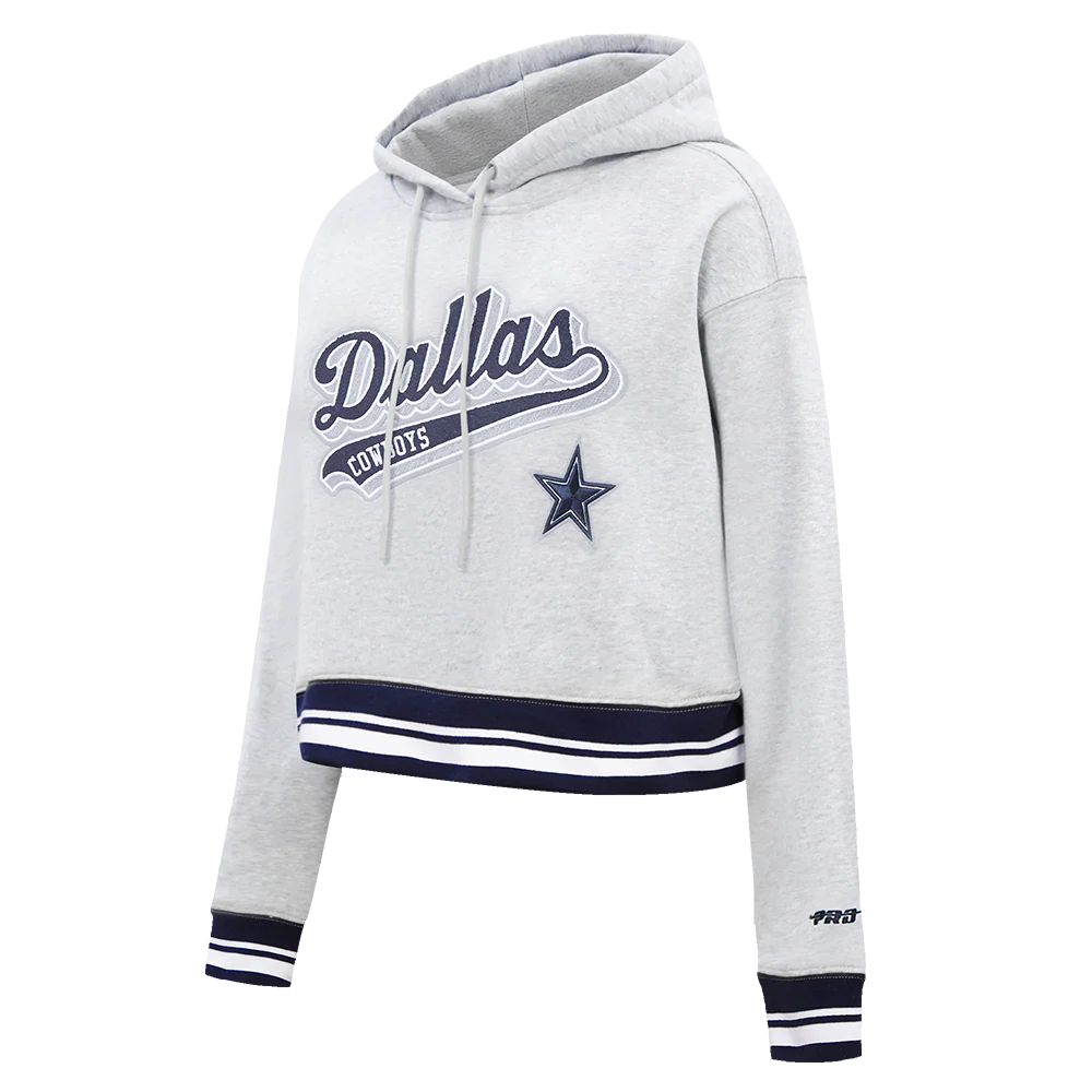 NFL DALLAS COWBOYS SCRIPT TAIL WOMEN'S RIB FLEECE CROPPED PULLOVER HOODIE (HEATHER GREY/MIDNIGHT NAVY) - Image 2