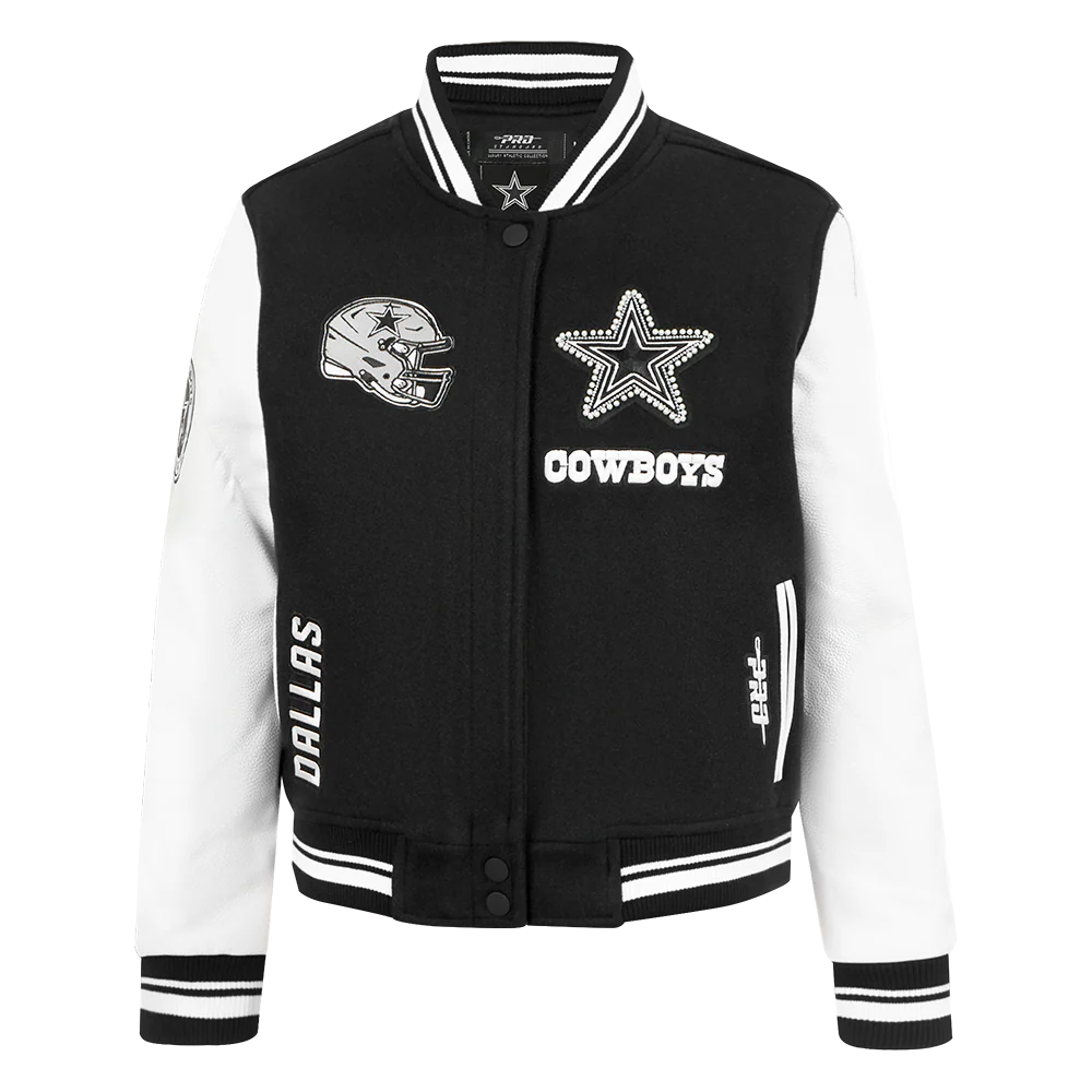 NFL DALLAS COWBOYS PEARLS WOMEN'S RIB WOOL VARSITY JACKET (BLACK/WHITE)