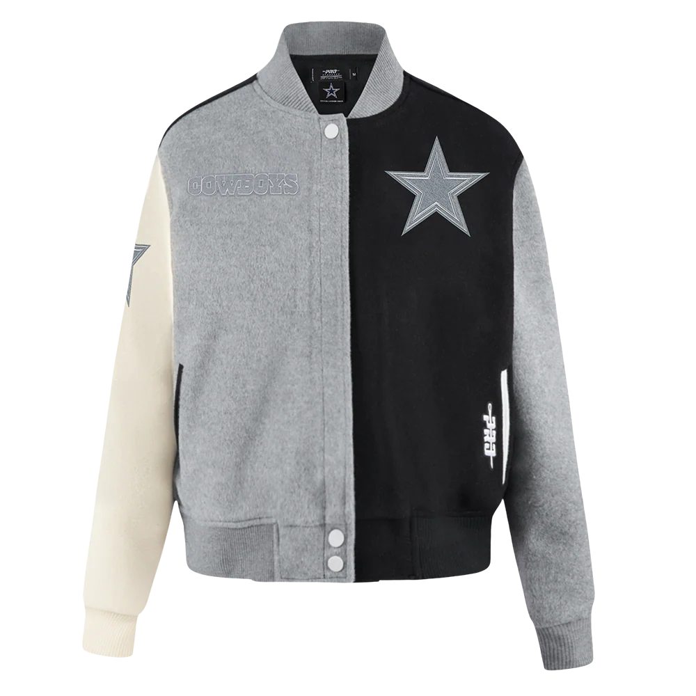 NFL DALLAS COWBOYS REVERSE FRENCH TERRY WOMEN'S WOOL VARSITY JACKET (BLACK/GRAY/EGGSHELL)