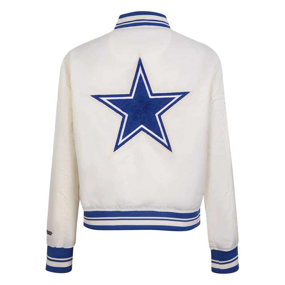 NFL DALLAS COWBOYS RETRO CLASSIC WOMEN'S RIB SATIN JACKET (EGGSHELL/DODGER BLUE) - Image 3