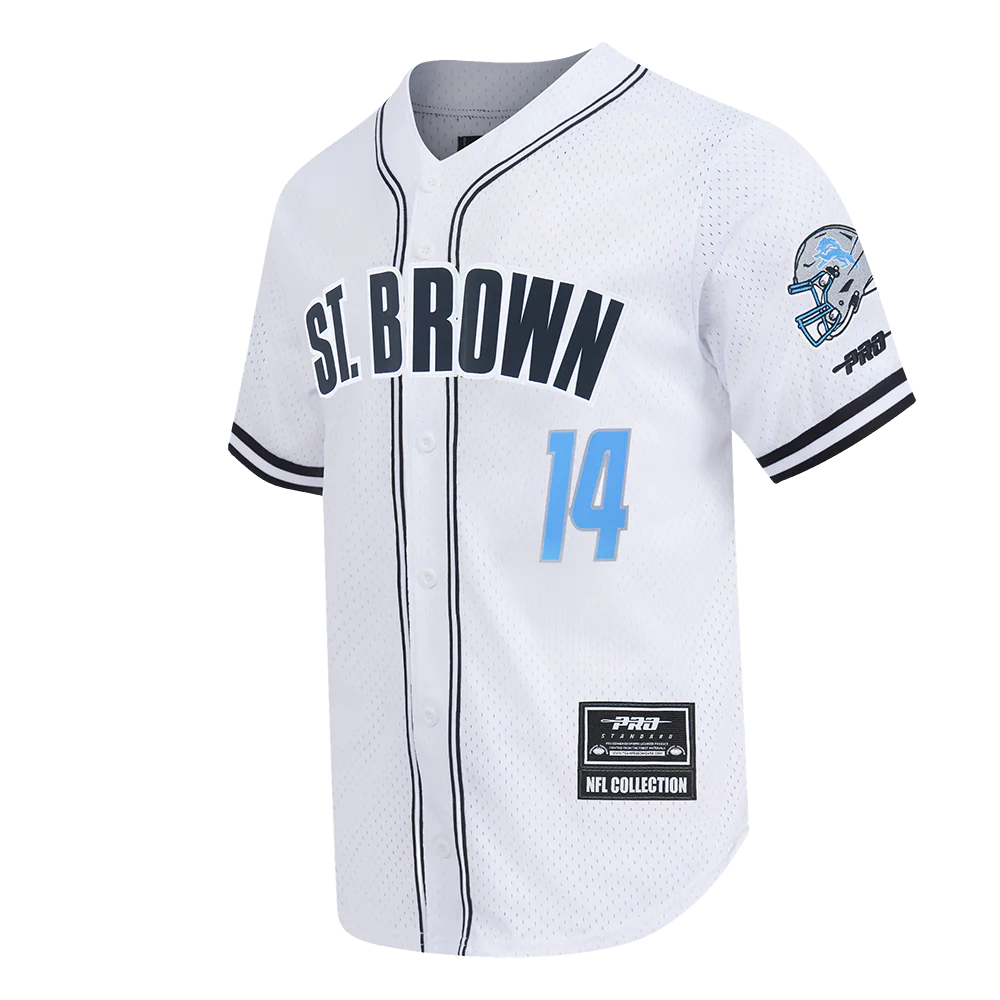 NFL DETROIT LIONS AMON RA ST. BROWN #14 CLASSIC MESH PNN MEN'S MESH BUTTON DOWN SHIRT (WHITE/BLACK/WHITE) - Image 3